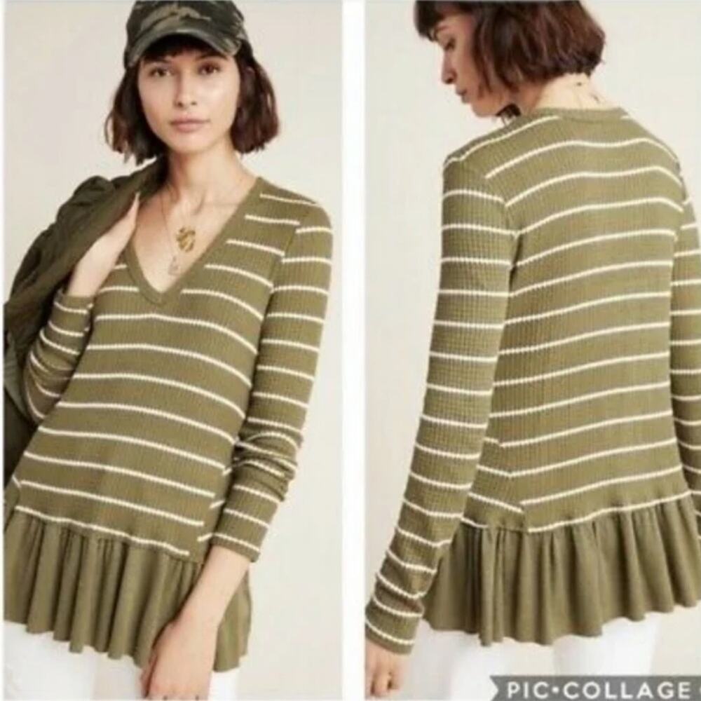 Anthropologie Eri + Ali Tallie Olive Green & White Striped Peplum Top Size S